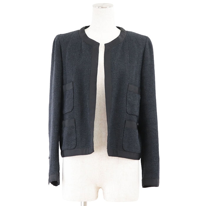 美品 シャネル 02P P19055 ツイード ジャケット レディース ネイビー ブラック 38 CHANEL