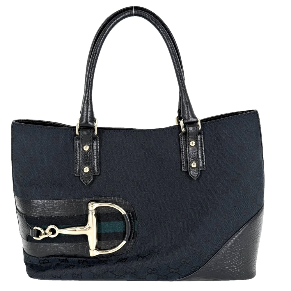 GUCCI グッチ トートバッグ ホースビット 肩掛け 斜め掛け 137385 GGキャンバス レザー ブラック 黒 ネイビー 紺 ゴールド金具 レディース【中古品】