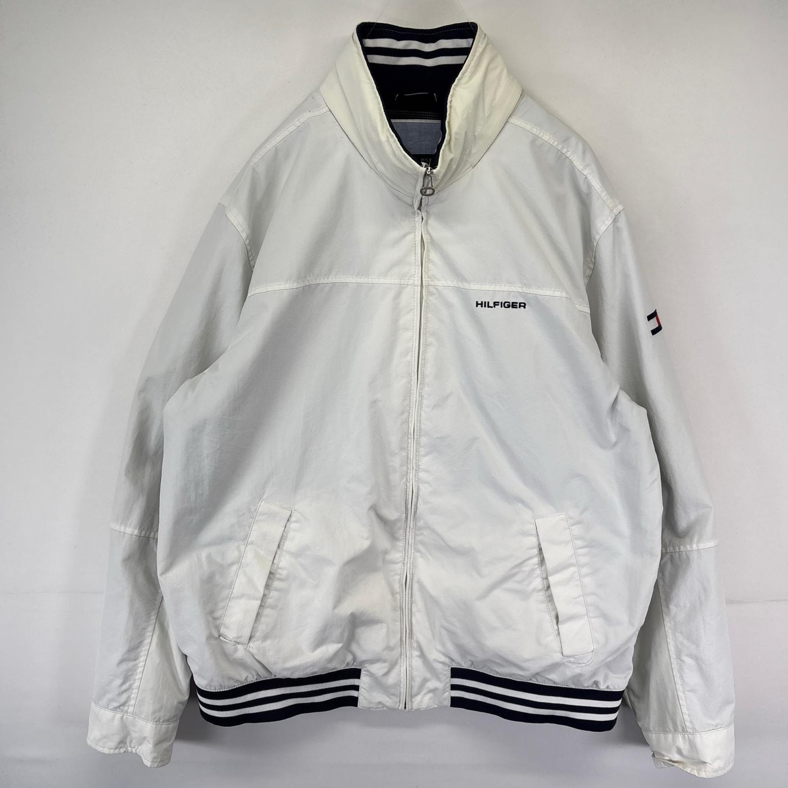 古着 トミーヒルフィガー TOMMY HILFIGER ジャケット セーリングジャケット リブライン ロゴ刺繍 大きいサイズ 2XL  ホワイト系 メンズ