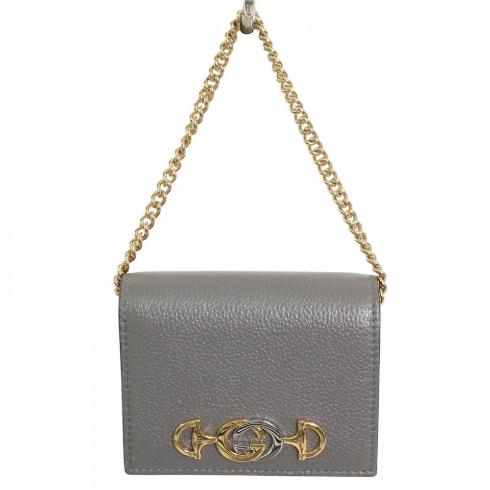 GUCCI グッチ 二つ折り財布 ズゥミ チェーンウォレット コンパクトウォレット 570660 レザー    グレー ゴールド金具 ユニセックス 美品【中古品】