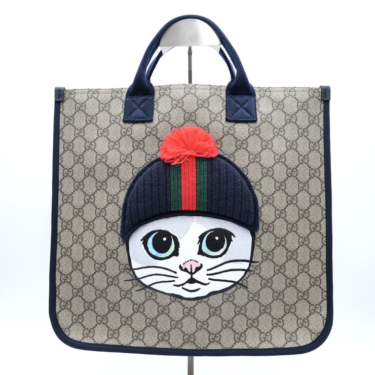 GUCCI(グッチ)チルドレンズ GGスプリーム ぼうしねこ トートバッグ キャット 猫 アップリケ ベージュ ネイビー PVC レザー 859795 2149 レディース キッズ【中古】