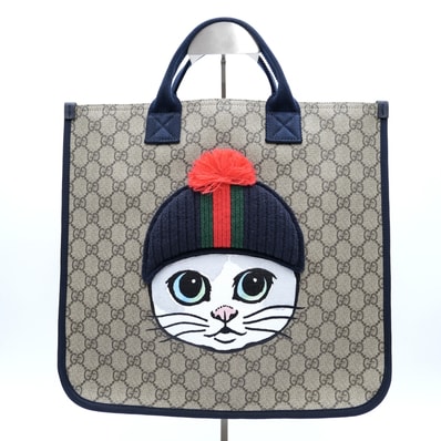 GUCCI(グッチ)チルドレンズ GGスプリーム ぼうしねこ トートバッグ キャット 猫 アップリケ ベージュ ネイビー PVC レザー 859795 2149 レディース キッズ【中古】