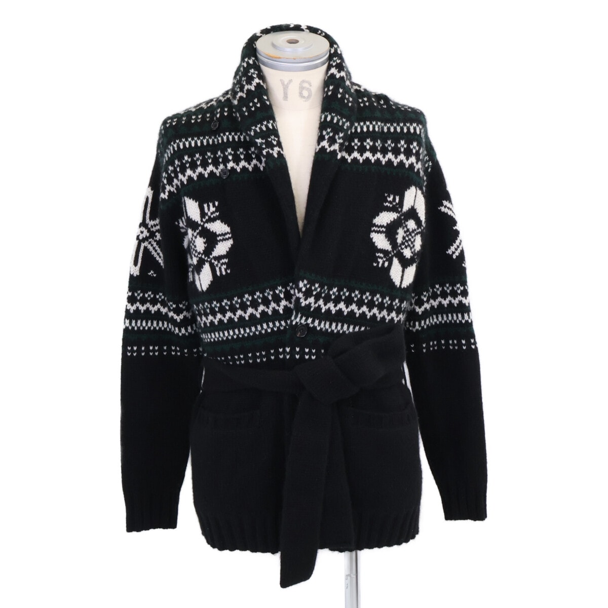 ラルフローレン パープルレーベル 24年製 790953470001 カシミヤ100 総柄 ハンドニット ベルテッドショールカラーカーディガン XS