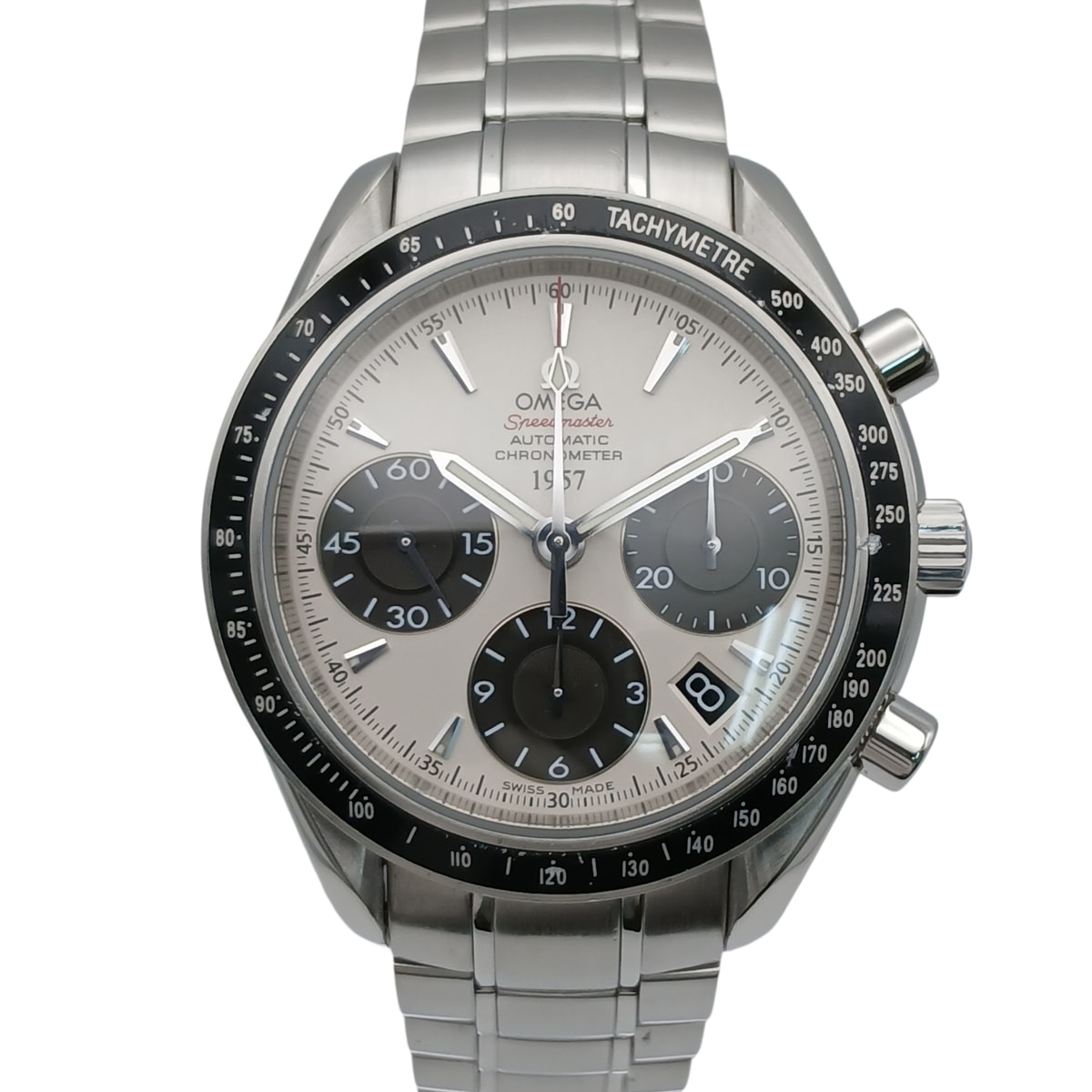 【値下げ】OMEGA オメガ スピードマスター デイト 日本限定 腕時計 323.30.40.40.02.001 ステンレススチール ホワイト シルバー メンズ【中古】