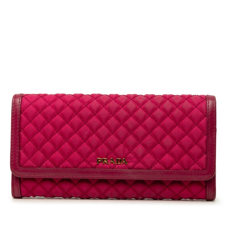 プラダ キルティング 長財布 ワインレッド系 ナイロン レザー レディース PRADA 中古