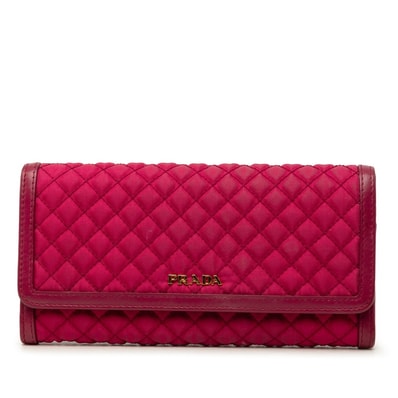 プラダ キルティング 長財布 ワインレッド系 ナイロン レザー レディース PRADA 中古
