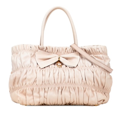 プラダ リボン トートバッグ ショルダーバッグ 2WAY BN1932 ベージュ ピンクベージュ レザー レディース PRADA 【中古】