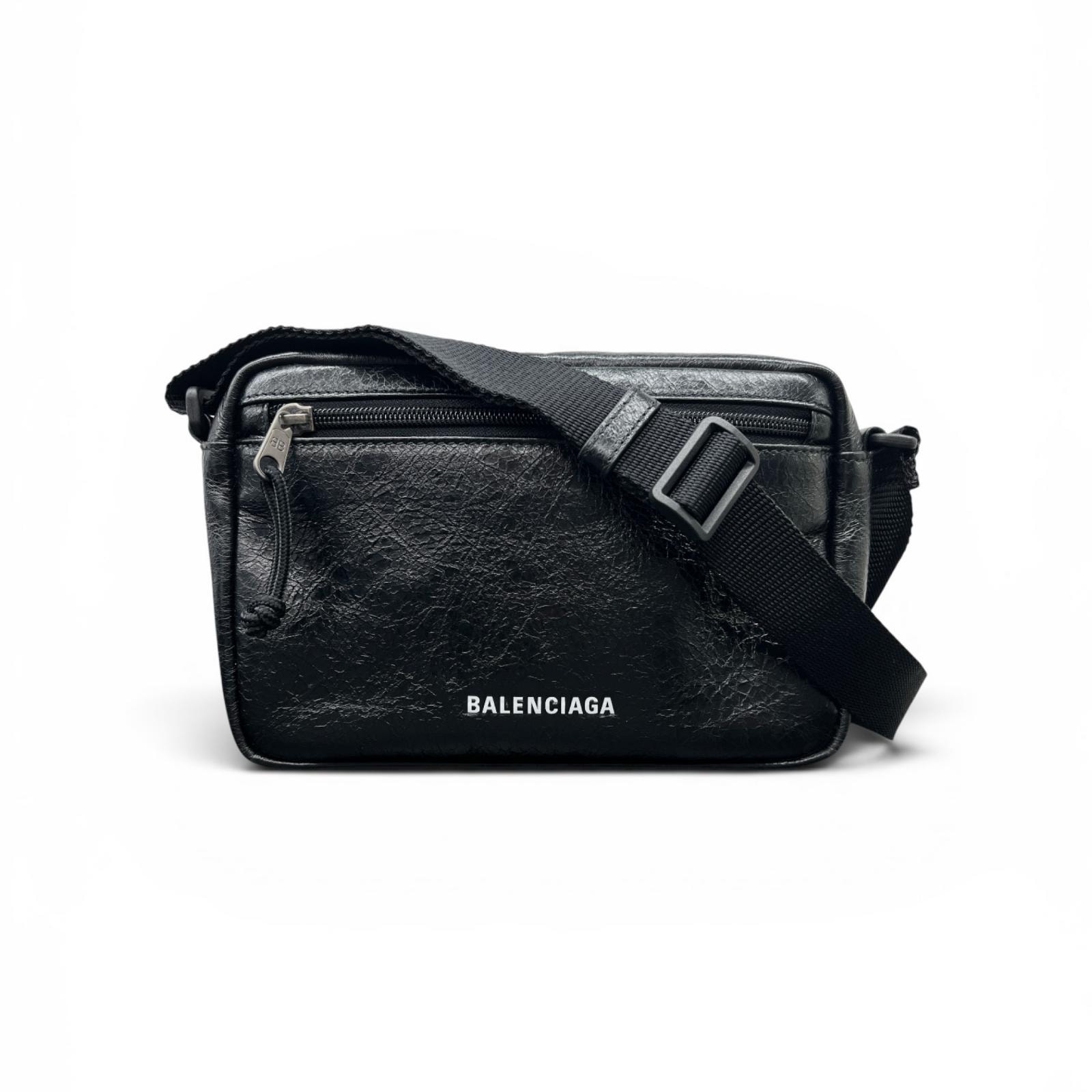 BALENCIAGA 美品 バレンシアガ EXPLORER エクスプローラー ショルダーバッグ 646138 アリーナレザー ブラック ロゴ クロスボディ ポシェット ABランク 中古 鑑定済 バレンシアガバッグ
