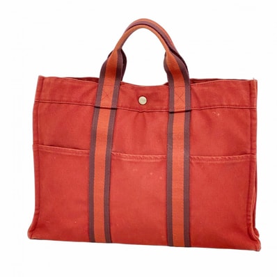 ★SALE【6fa0700-k】エルメス トートバッグ フールトゥMM キャンバス レッド シルバー金具【中古】メンズ レディース ユニセックス