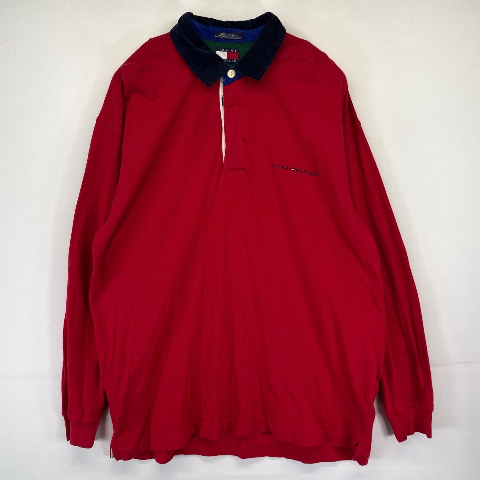古着 90's/90年代 トミーヒルフィガー TOMMY HILFIGER 長袖 ラガーシャツ 襟コーデュロイ ワンポイントロゴ刺繍 XL レッド メンズ