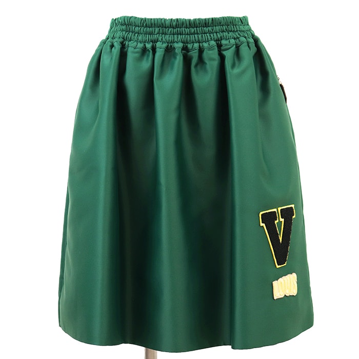 【極美品】LOUIS VUITTON ルイ・ヴィトン スカート ポリエステル/シルク サイズ 38 レディース 2022AW Vロゴワッペン&刺繍 エンブロイダリー フラワーモノグラム トリム テクニカルジャージー フレア ボトムス グリーン 緑 イタリア製