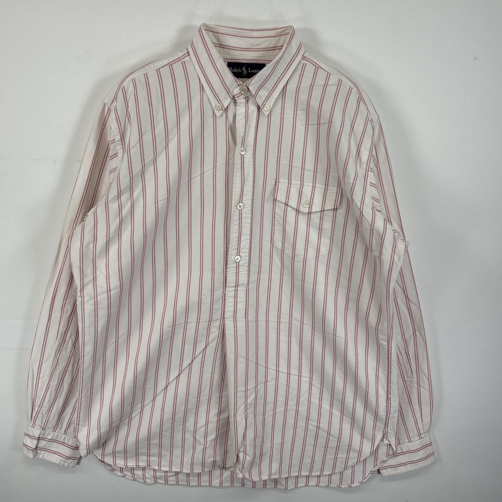 古着 ラルフローレン RALPH LAUREN 長袖シャツ グランパシャツ プルオーバー フラップポケ L  ホワイト系 ストライプ メンズ