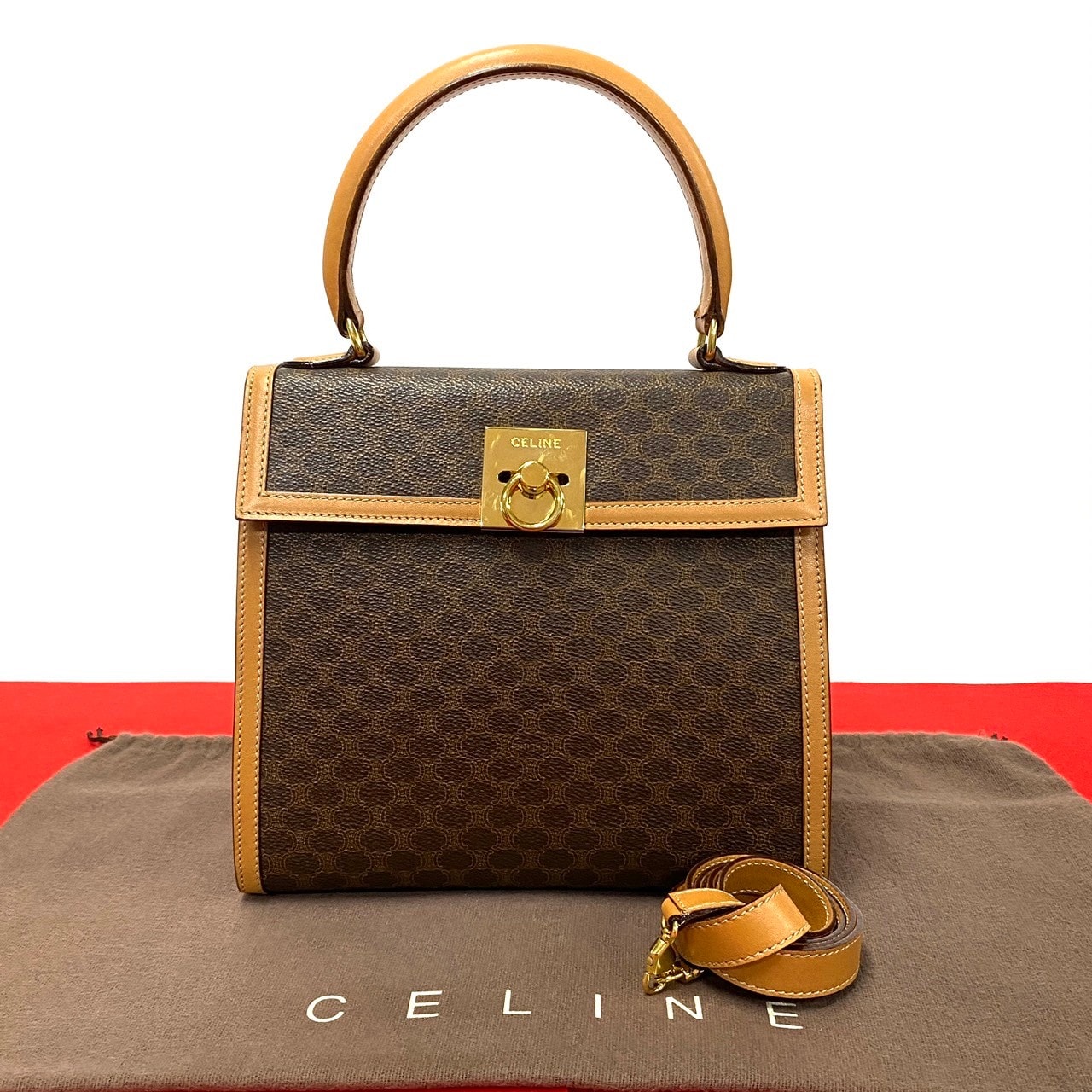 CELINE セリーヌ マカダム ブラゾン トリオンフ 柄 ロゴ リング金具 レザー PVC ショルダーバッグ ブラウン
35397