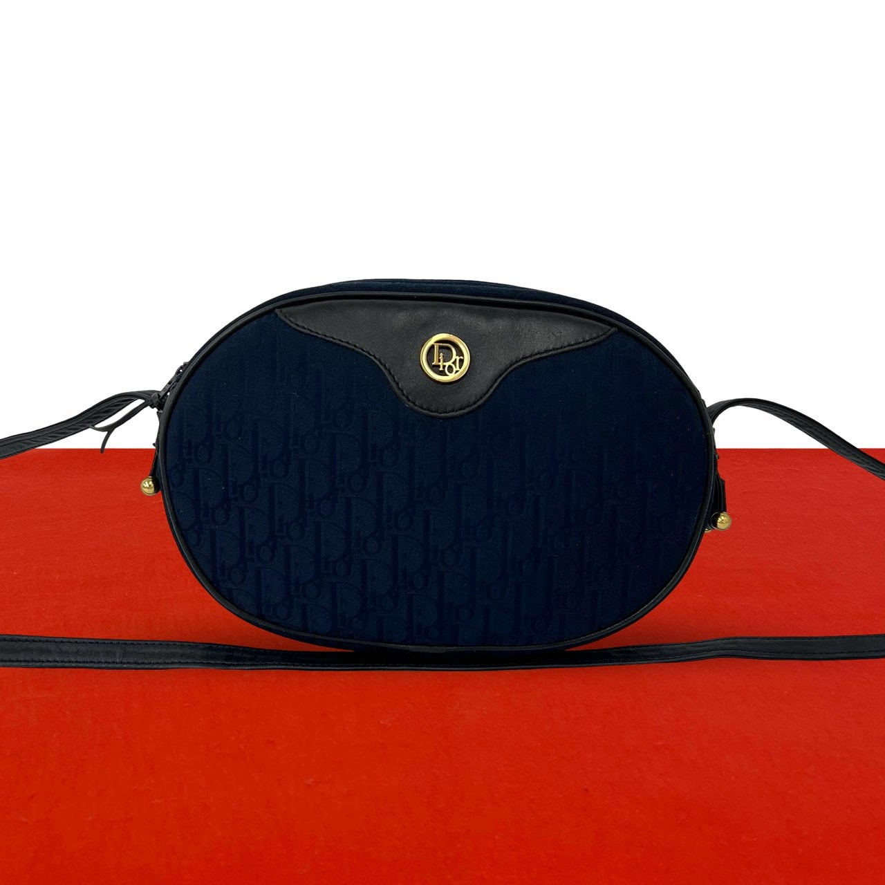 Christian Dior ディオール ロゴ 金具 トロッター 柄 キャンバス レザー ショルダーバッグ ネイビー
31683