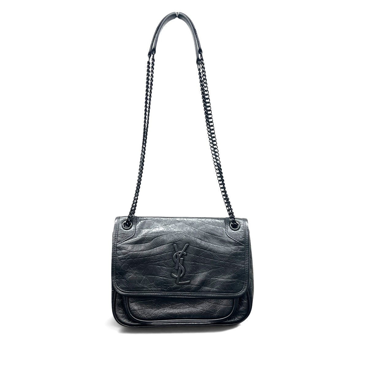 SAINT LAURENT 希少 極美品 サンローラン ニキ ベイビー チェーン ショルダーバッグ レザー ブラック メッセンジャーバッグ クロスボディ セミショルダー ワンショルダー Aランク 鑑定済 中古 サンローランバッグ