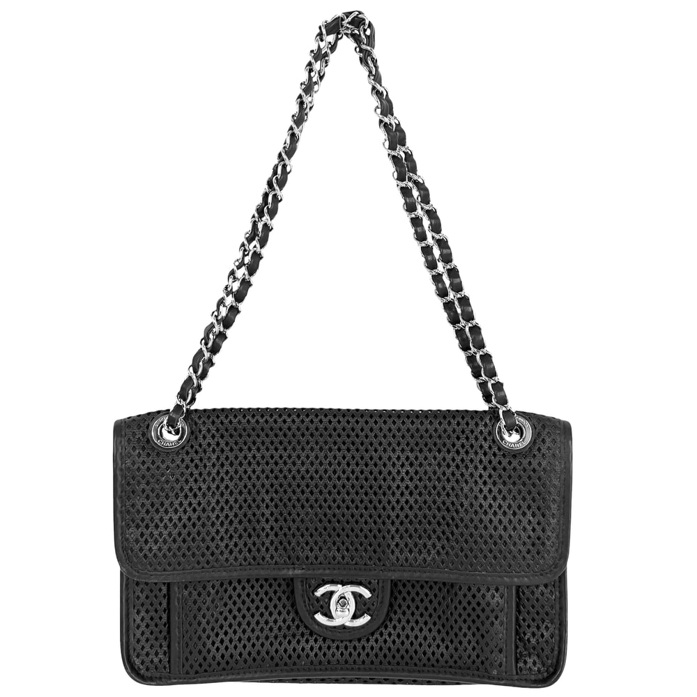 CHANEL シャネル ショルダーバッグ フレンチリビエラ パンチング ココマーク ダブルチェーン 肩掛け 斜め掛け A67652 レザー ブラック 黒 シルバー金具 レディース【中古品】