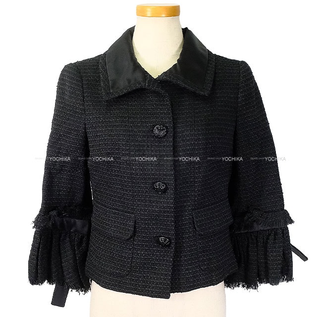【渋谷並木橋店】2009年 CHANEL シャネル テーラードジャケット ツィード ジャケット ココマーク 袖リボン 黒 (ブラック) ポリアミド/コットン #34 P34951 新品未使用