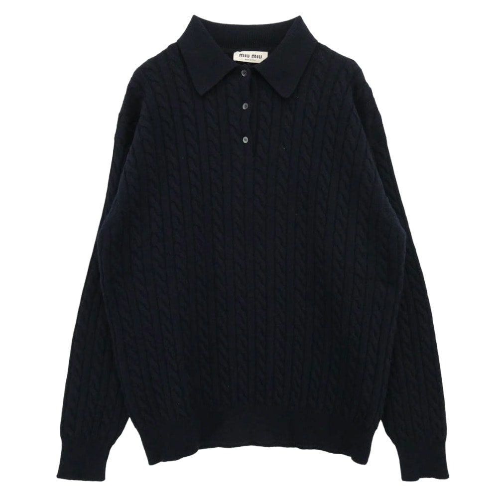 MIUMIU ミュウミュウ ニット MML997 2024 ロゴ カシミヤ ケーブル ニット セーター ネイビー ネイビー系 44【中古】