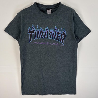 古着 スラッシャー THRASHER 半袖Tシャツ プリント ロゴ ファイヤーデザイン スケボー S グレー系 メンズ