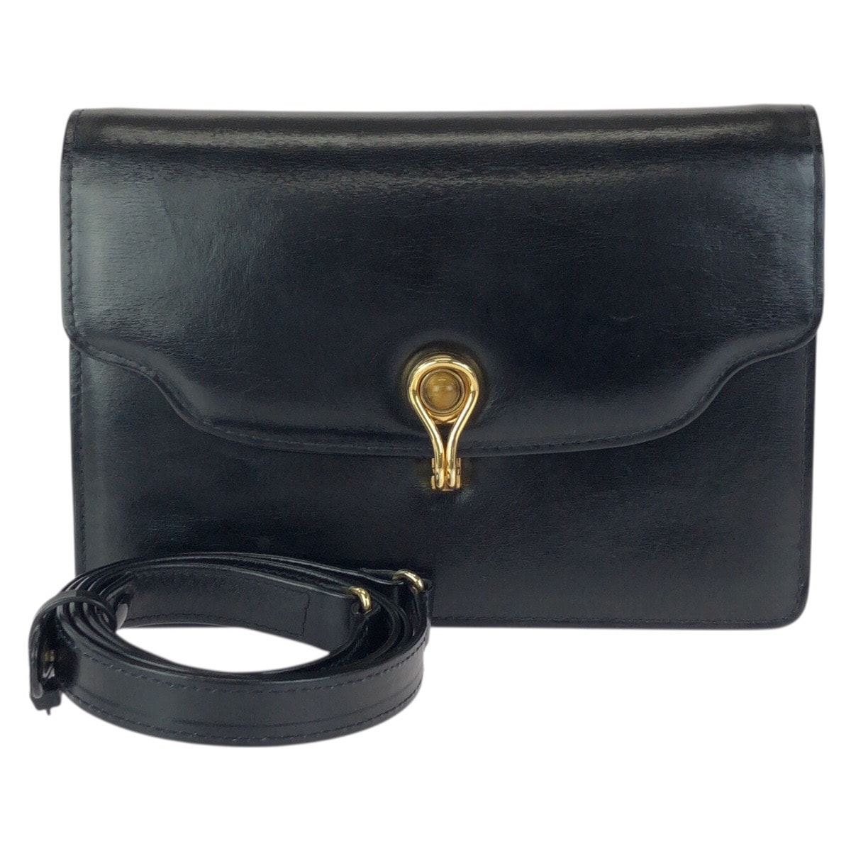 美品 GUCCI グッチ ヴィンテージ オールドグッチ タイガーアイ ブラック 黒 ゴールド金具 レザー ショルダーバッグ クラッチバッグ 601602 【中古】