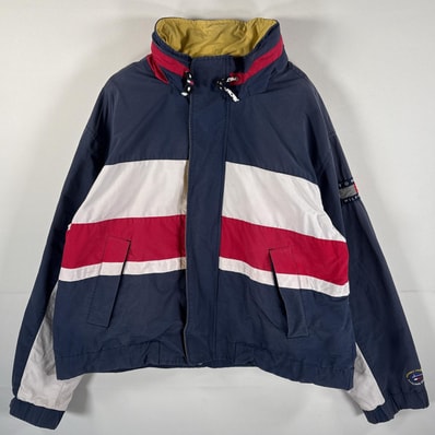 古着 90's/90年代 トミーヒルフィガー TOMMY HILFIGER コットンナイロンジャケット フード付き 大きいサイズ XL ネイビー マルチカラー メンズ