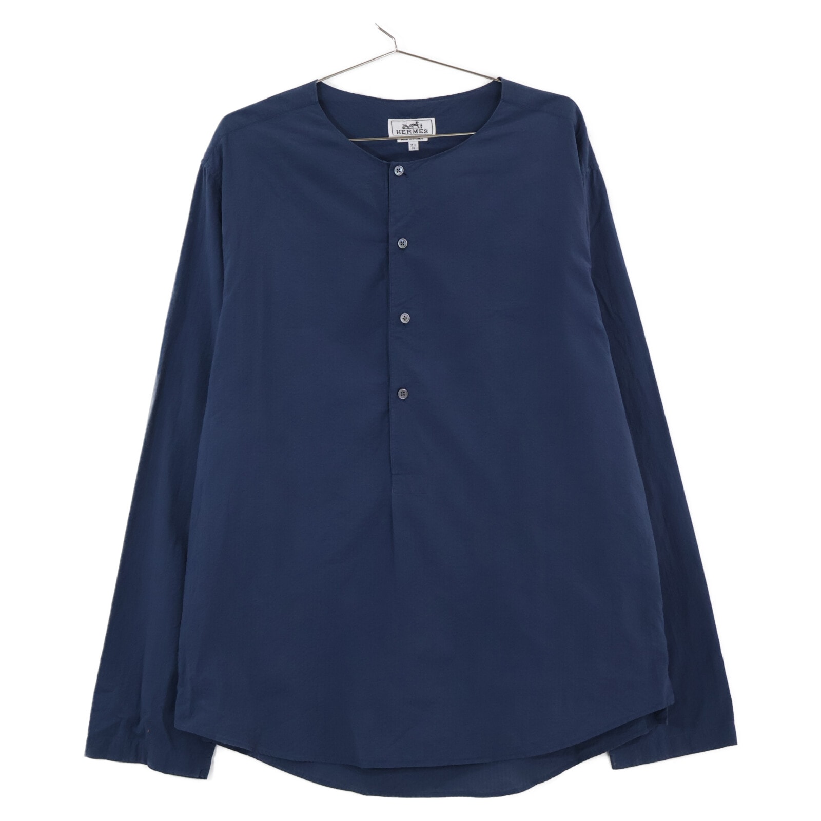 エルメス 国内正規 21SS 11-5610 コットン シェルボタン シアサッカー ノーカラーロングスリーブシャツ 39