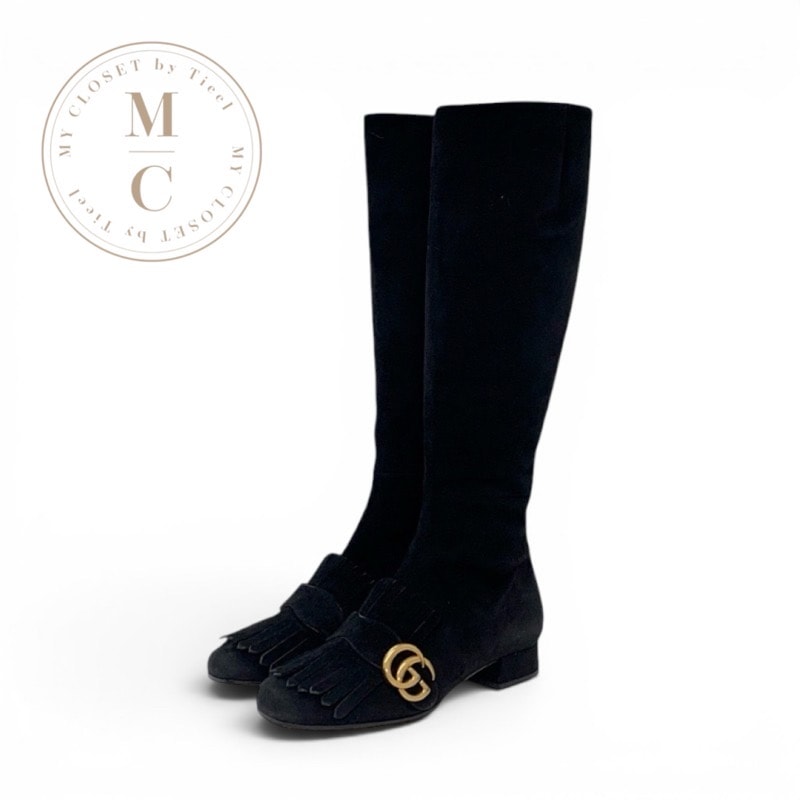 グッチ GUCCI ダブルG ブーツ ロングブーツ 靴 シューズ スエード ブラック 黒 ゴールド GGマーモント フリンジ