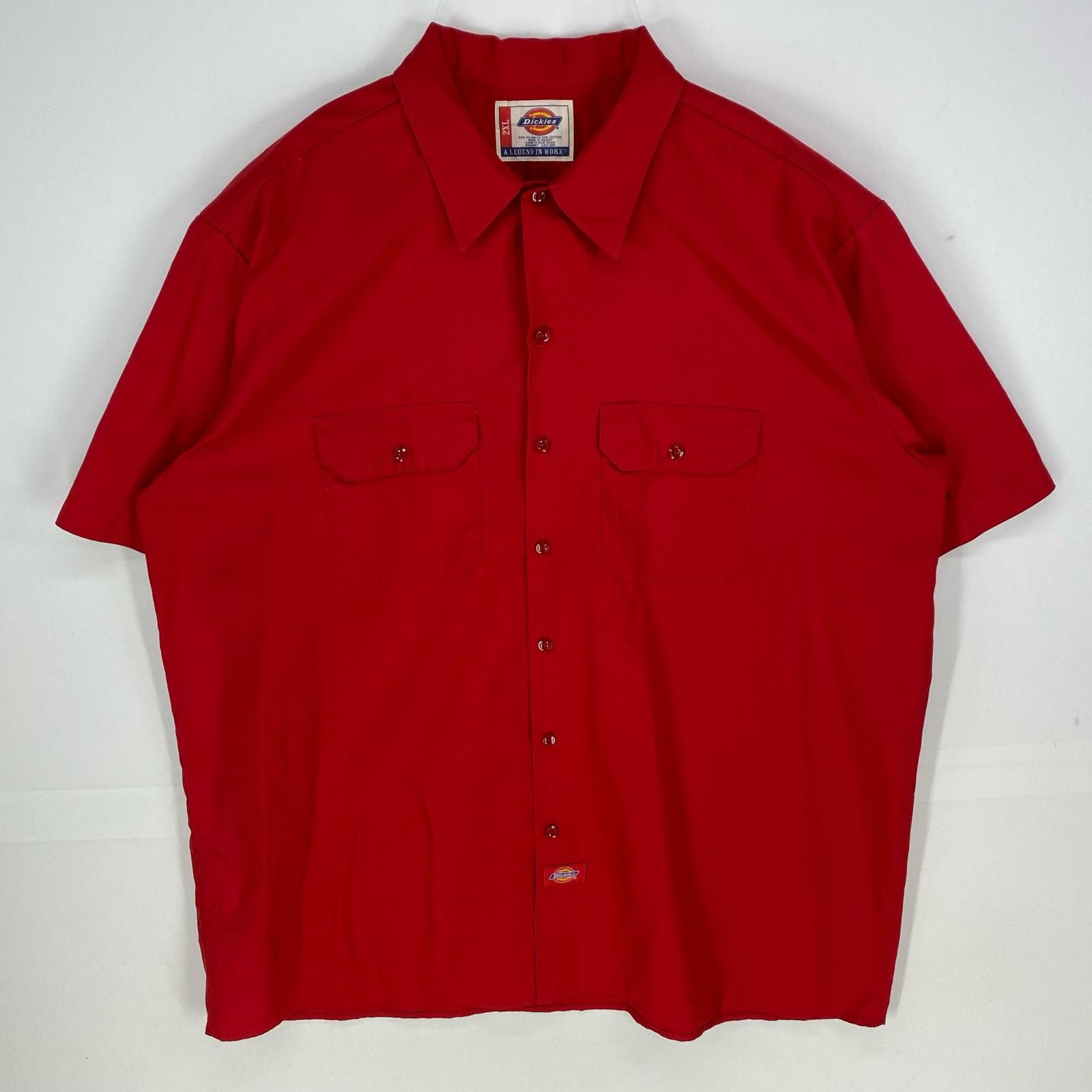 古着 ディッキーズ Dickies 半袖シャツ 胸ポケット ワンポイントロゴ ワーク 大きいサイズ 2XL  レッド系 無地 メンズ