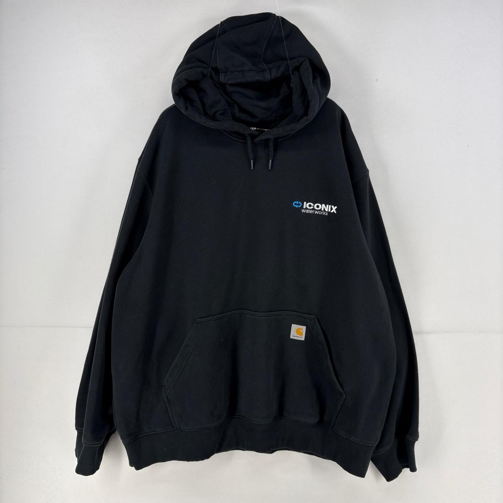 古着 カーハート Carhartt パーカー スウェット ロゴ 刺繍 プルオーバー ワンポイント 大きいサイズ 2XL  ブラック メンズ