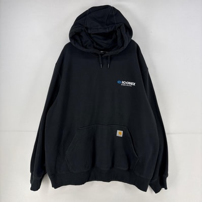 古着 カーハート Carhartt パーカー スウェット ロゴ 刺繍 プルオーバー ワンポイント 大きいサイズ 2XL ブラック メンズ