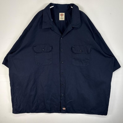 古着 ディッキーズ Dickies 半袖シャツ ワーク 作業着 フラップポケ 大きいサイズ ワンポイント ロゴ 4XL ネイビー 無地 メンズ