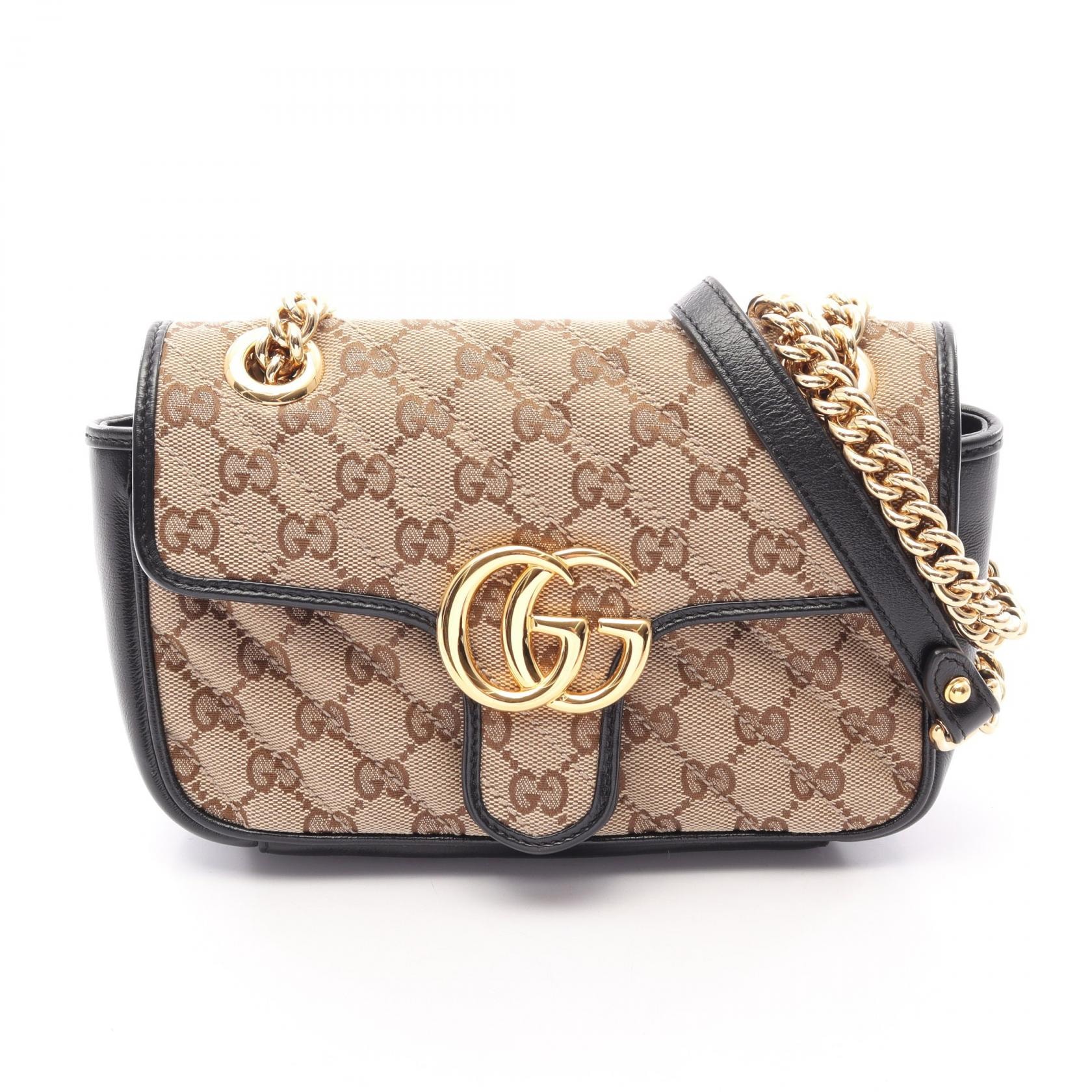 グッチ GUCCI GGマーモント ショルダーバッグ バッグ キャンバス レザー レディース ベージュ系 / ブラック系 446744 【中古】