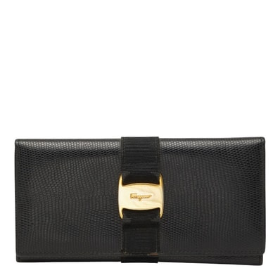 サルヴァトーレフェラガモ ヴァラ リザード型押し 長財布 ブラック レザー レディース Salvatore Ferragamo 【中古】