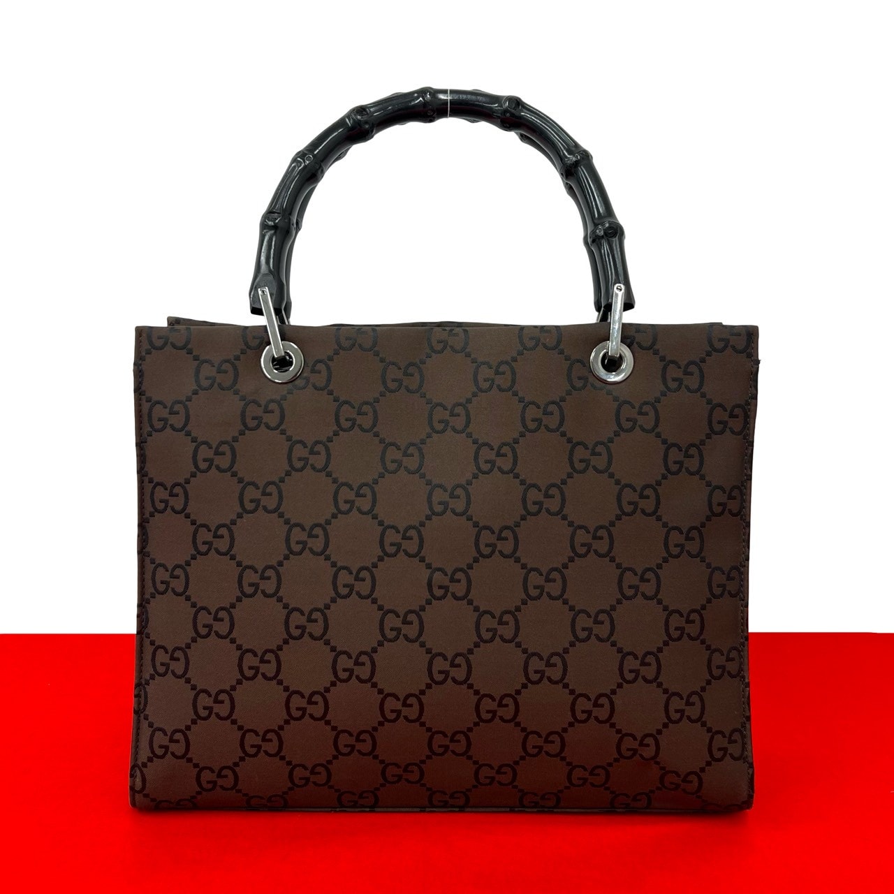 GUCCI グッチ バンブー GG 柄 ナイロン バンブー レザー ハンドバッグ ブラウン
 83433