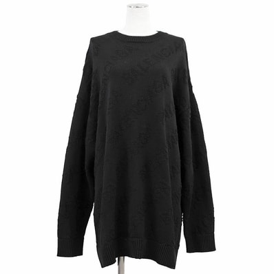 美品 バレンシアガ セーター 2020年製 ジャガード ロゴ コットン100% ビッグシルエット ニット レディース ブラック M BALENCIAGA