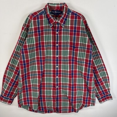 古着 90's/90年代 ラルフローレン RALPH LAUREN 長袖シャツ ボタンダウンシャツ チェック柄 ワンポイント ロゴ 刺繍 L レッド系 マルチカラー メンズ