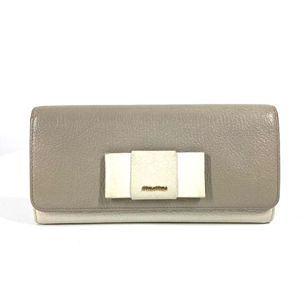 ミュウミュウ MIUMIU マドラス 5MH109 パスケース カードケース付き ロングウォレット リボン りぼん 長財布 レザー グレー
