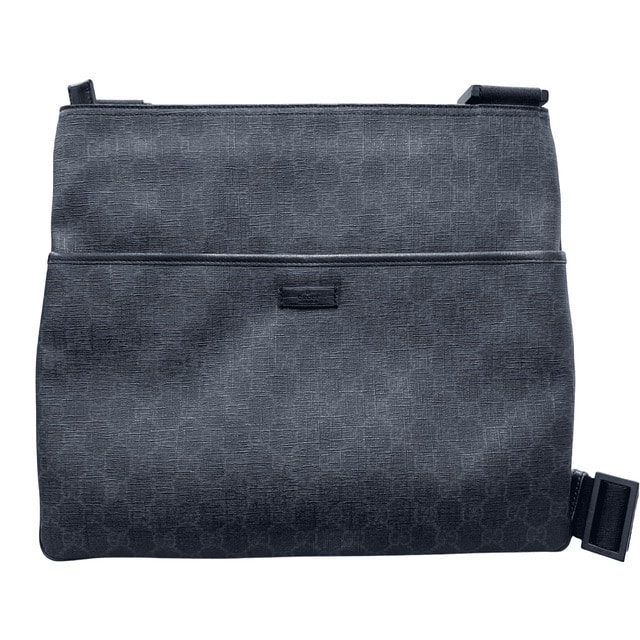 GUCCI 美品 グッチ GGスプリーム 162904 ショルダーバッグ PVC レザー ブラック グレー メッセンジャーバッグ クロスボディ 斜め掛け ABランク 中古 鑑定済 グッチバッグ