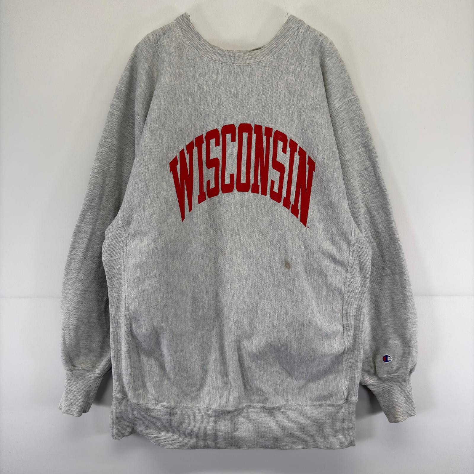 古着 90's/90年代 チャンピオン Champion USA製 スウェット プリント カレッジ リバースウィーブ WISCONSIN トレーナー 2XL  グレー メンズ
