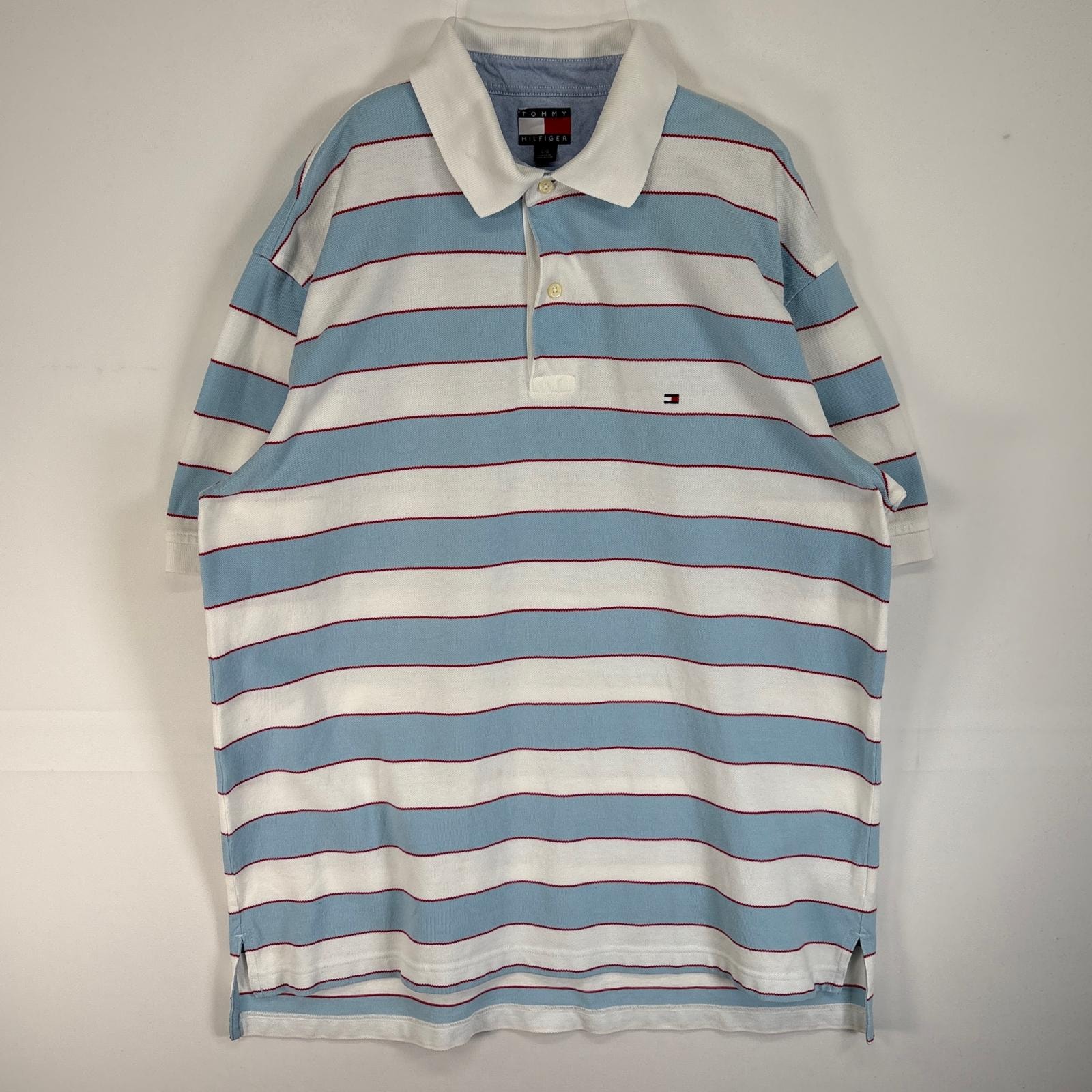 古着 90's/90年代 トミーヒルフィガー TOMMY HILFIGER 半袖 ポロシャツ ロゴ 刺繍 ボーダー 2ボタン L  ブルー系 マルチカラー メンズ