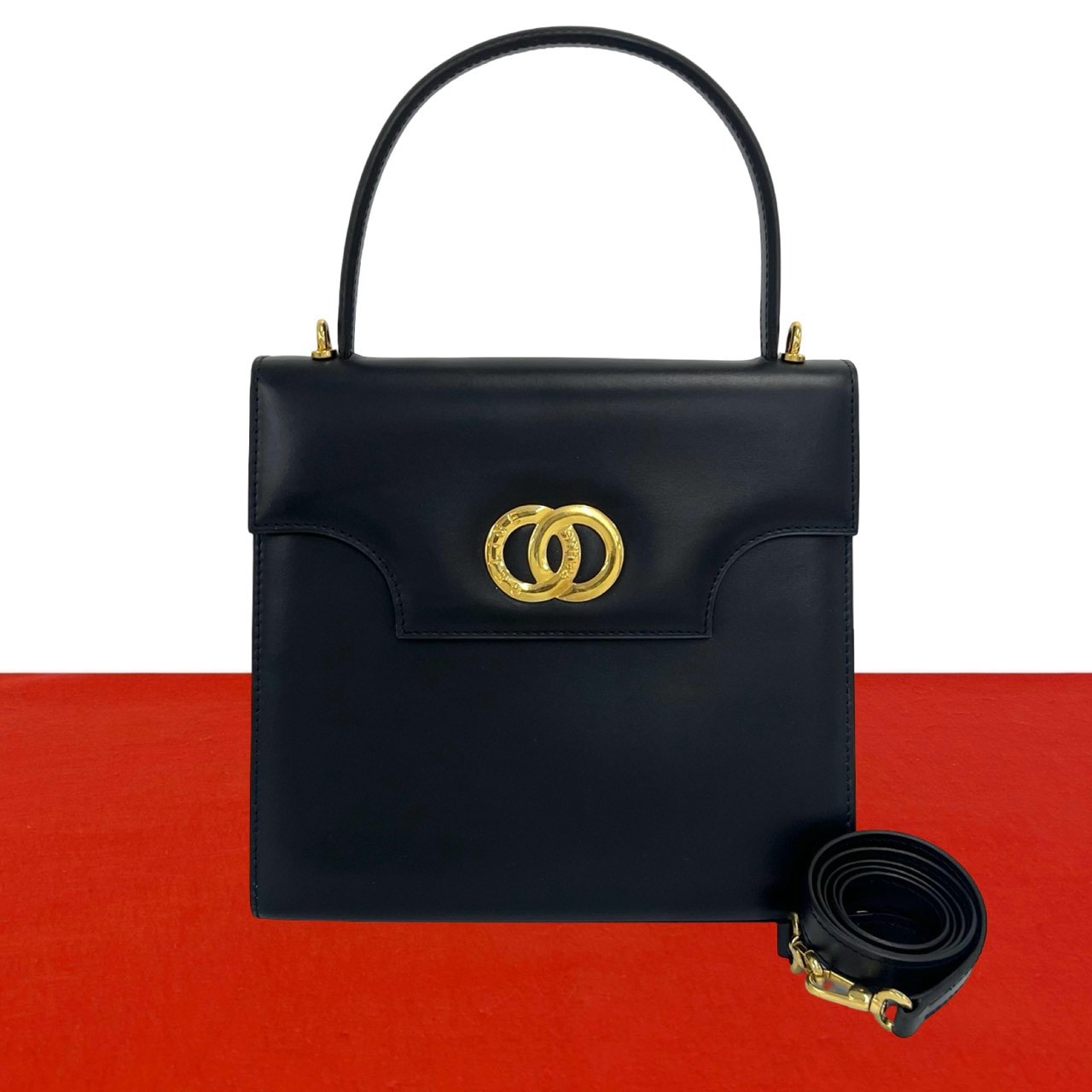 CELINE セリーヌ サークルロゴ 金具 レザー ショルダーバッグ ネイビー
 267-2