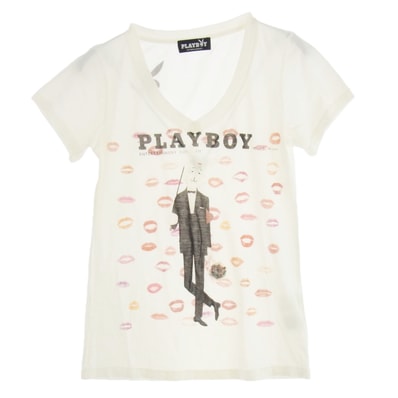 HYSTERIC GLAMOUR ヒステリックグラマー Tシャツ 1141CT07 × PLAY BOY プレイボーイ Vネック プリント Tシャツ 半袖カットソー オフホワイト系 FREE【中古】