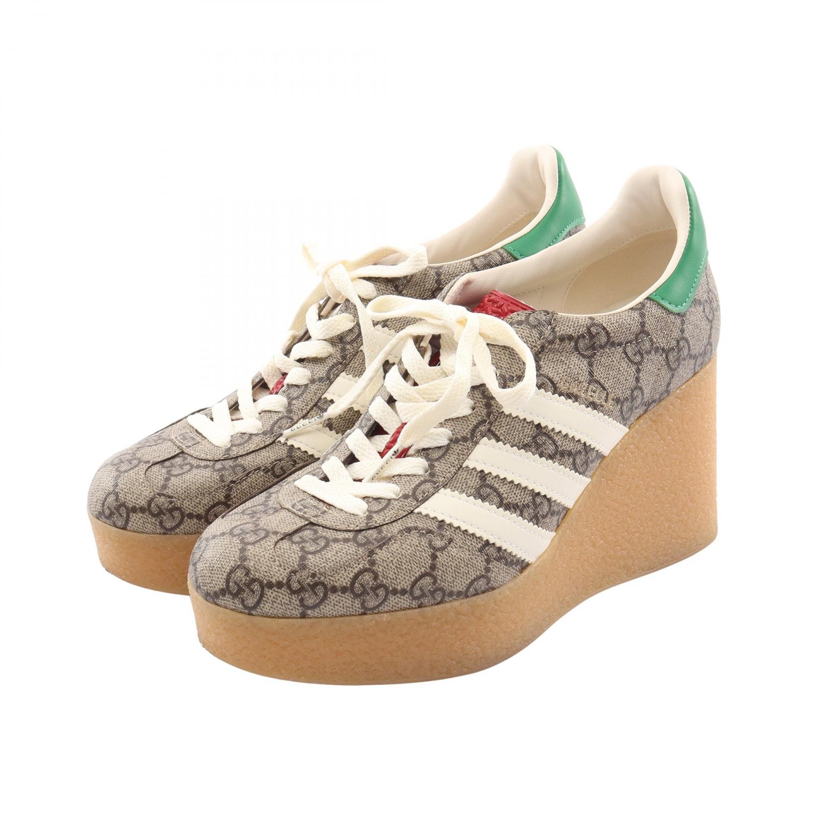 グッチ GUCCI GUCCI × adidas ガゼル GGスプリーム ウェッジソール スニーカー 靴 PVCコーティングキャンバス レザー レディース ベージュ系 / マルチカラー 725655 【中古】