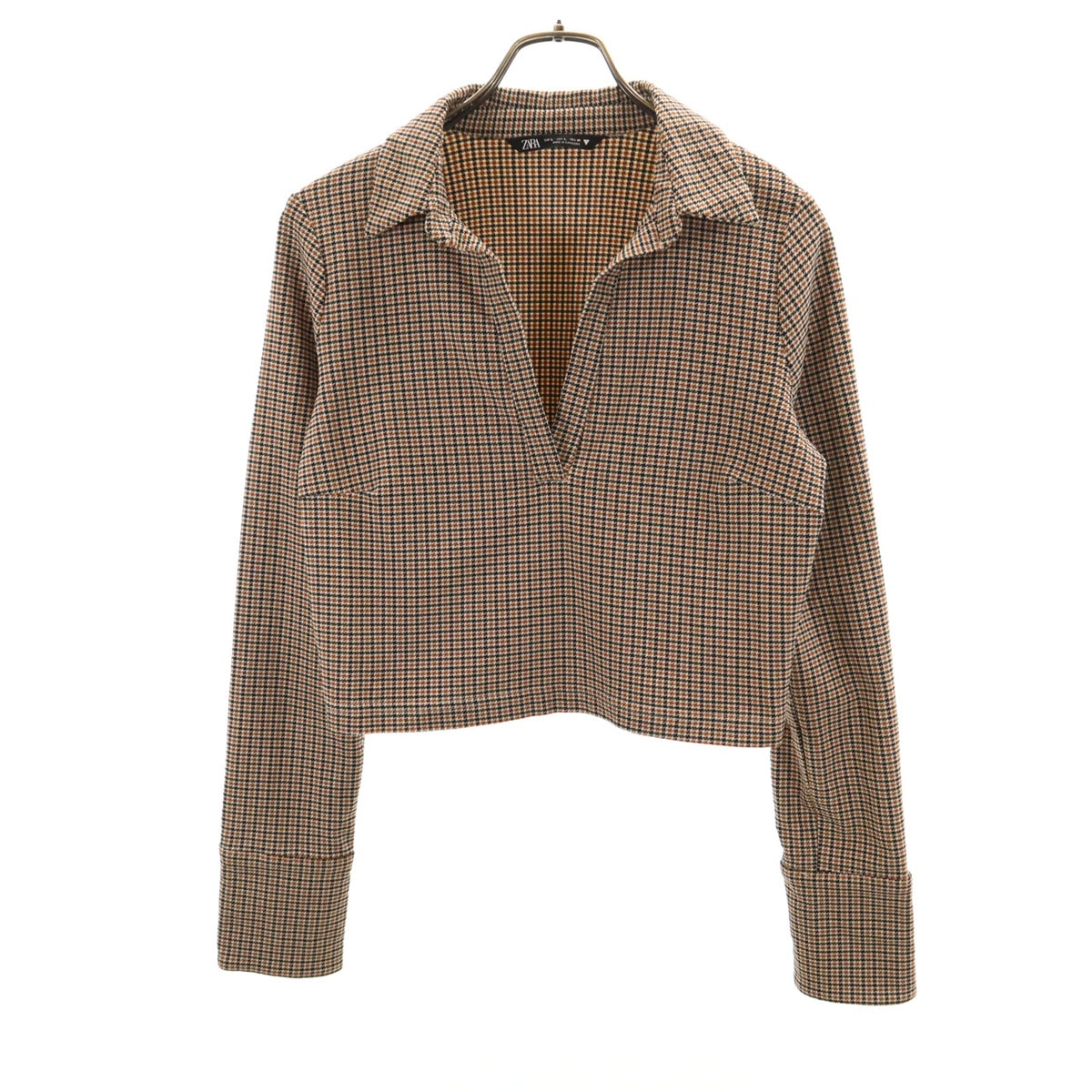ZARA ザラ チェック柄 長袖 Vネック シャツ L ブラウン系 ショート丈