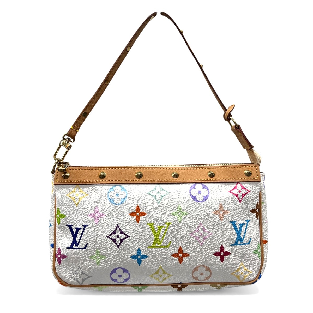 LOUIS VUITTON 美品 ルイヴィトン ポシェット アクセソワール モノグラムマルチカラー ブロン ショルダーバッグ M92649 PVC ヌメ革 レザー CA0077 ホワイト ハンドバッグ 村上隆 Y2K LV ヴィトン ABランク 中古 鑑定済