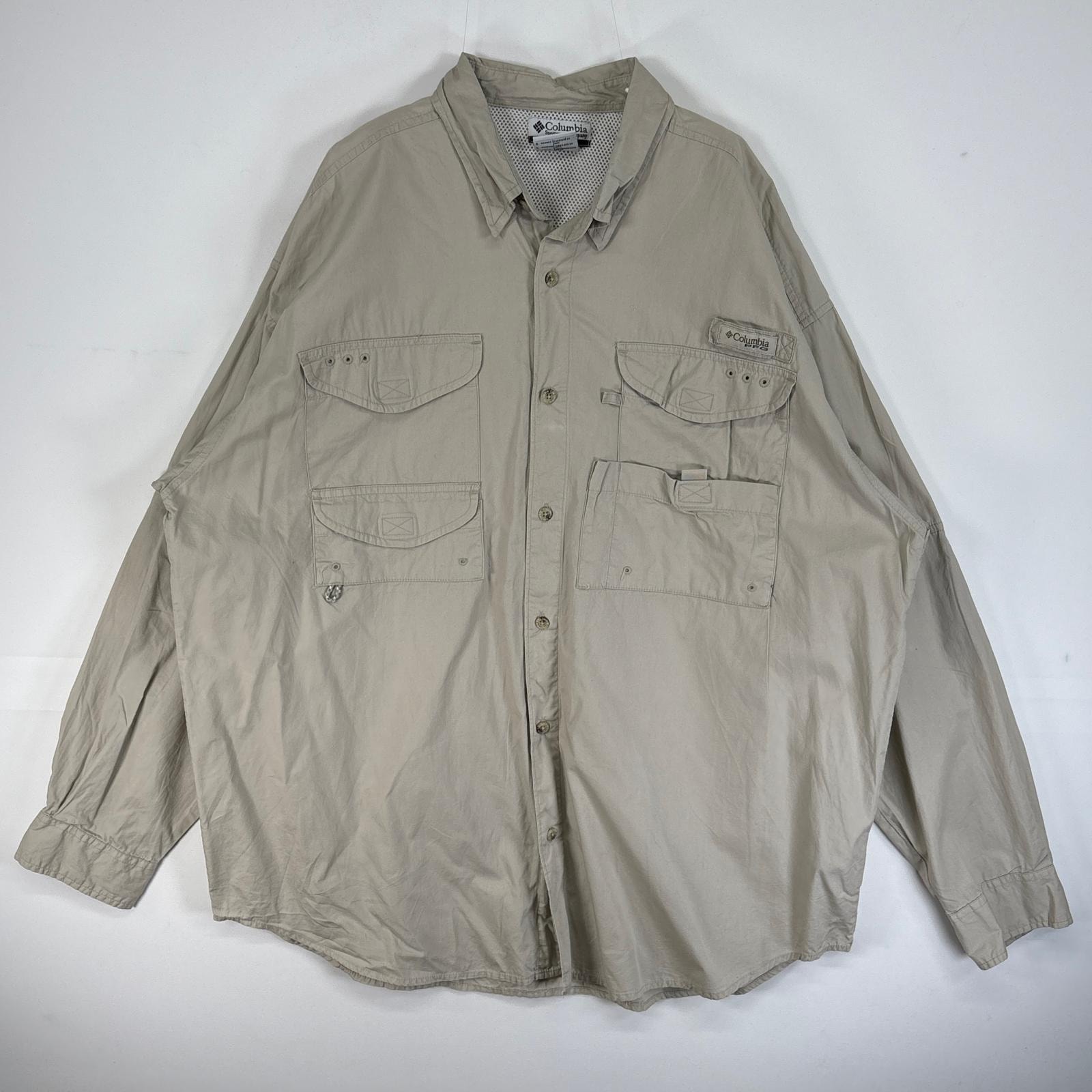 古着 コロンビア Columbia 長袖シャツ PFG フィッシングギア フラップポケ ワンポイント ロゴ L ベージュ 無地 メンズ