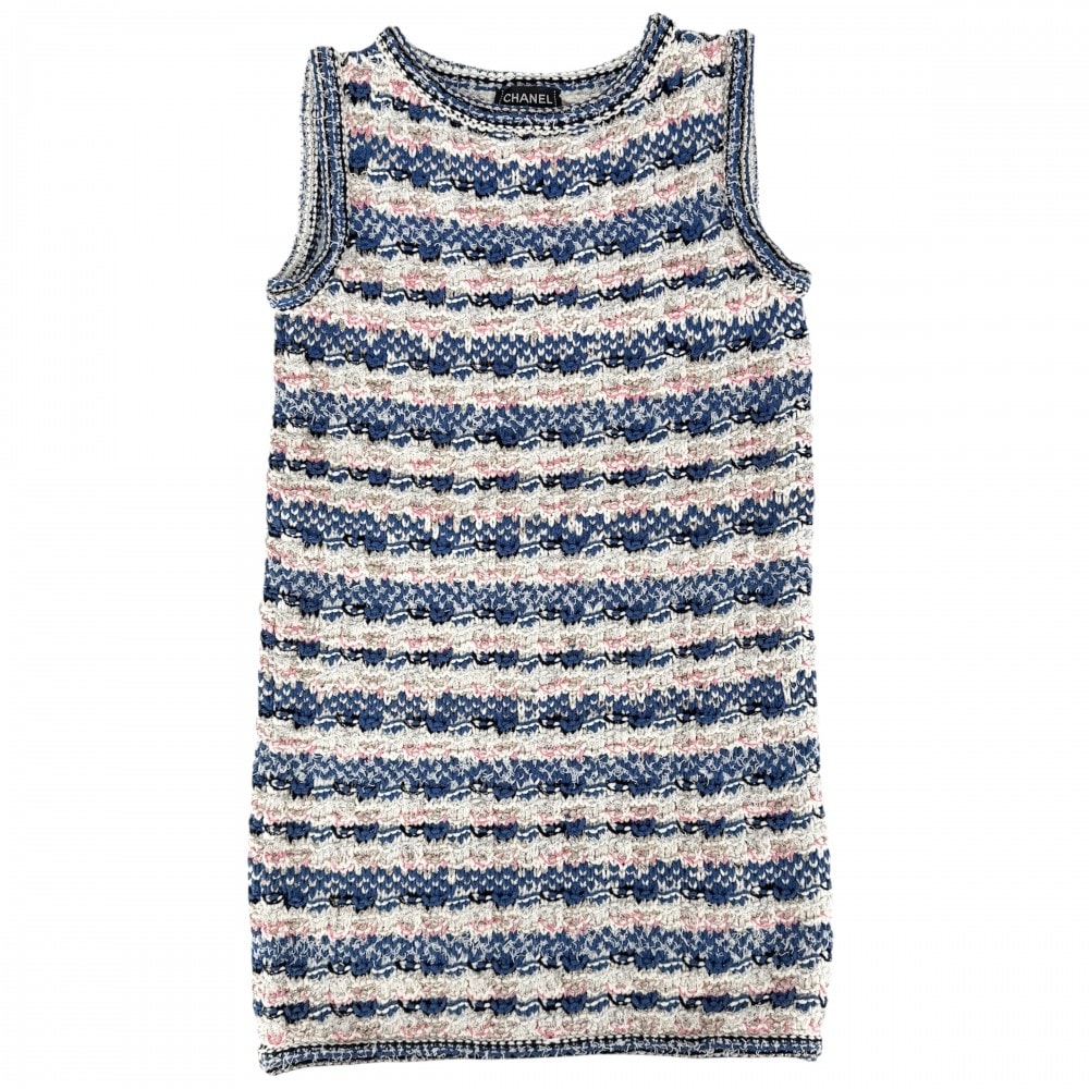 CHANEL シャネル ワンピース ツイード ノースリーブ アパレル 服 36 ブルー 青 ホワイト 白 レーヨン  コットン  ポリエステル  ナイロン ウール レディース 秋 冬 美品【中古品】