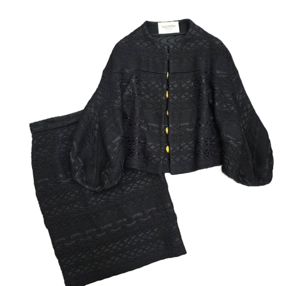 VALENTINO ヴァレンティノ ノーカラージャケット スカート スーツ 最高級 ジャカード セットアップ 2059 3009 090101 ウール シルク ブラック  レディース【中古】