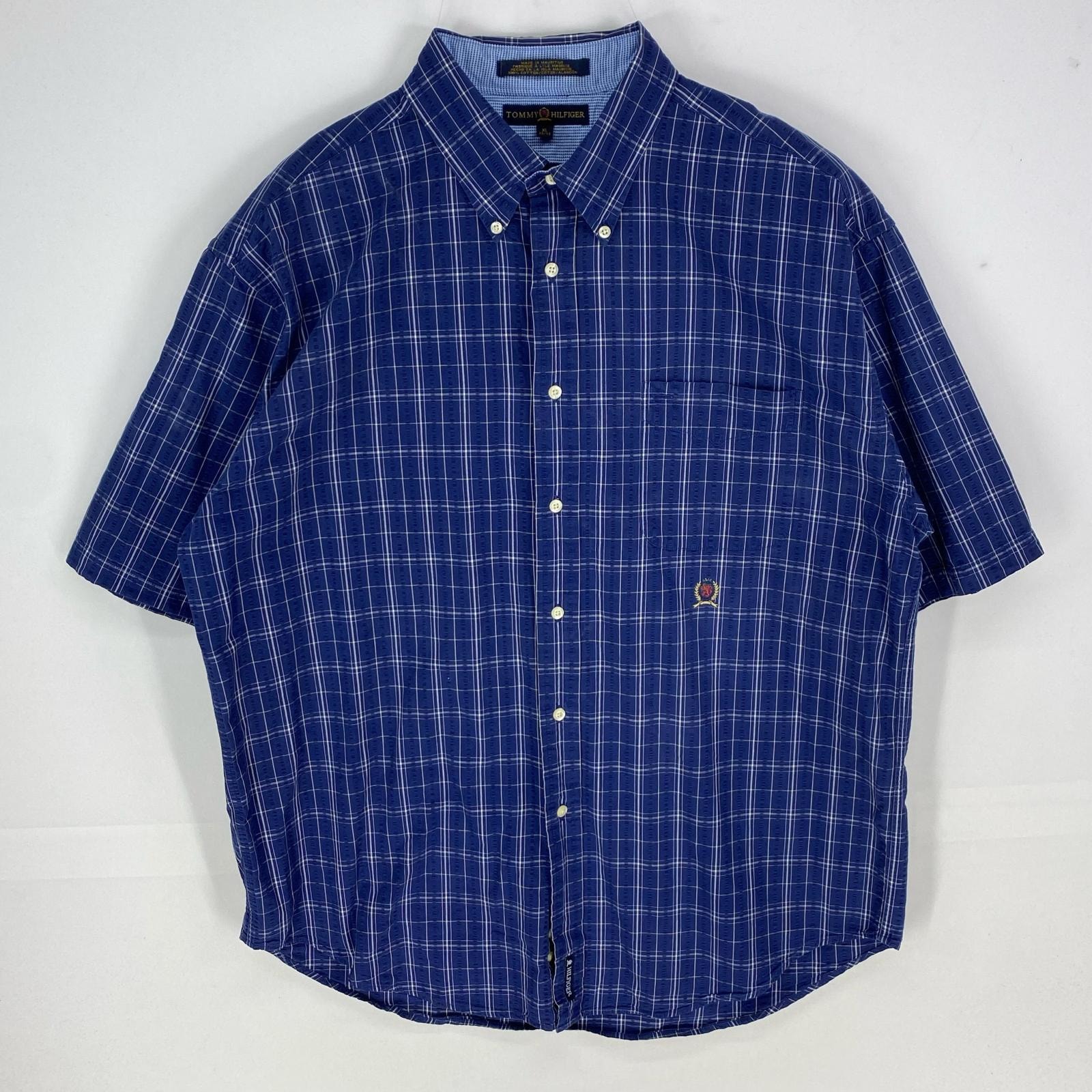 古着 トミーヒルフィガー TOMMY HILFIGER 半袖シャツ ボタンダウン ワンポイント ポケット XL  ネイビー系 チェック メンズ