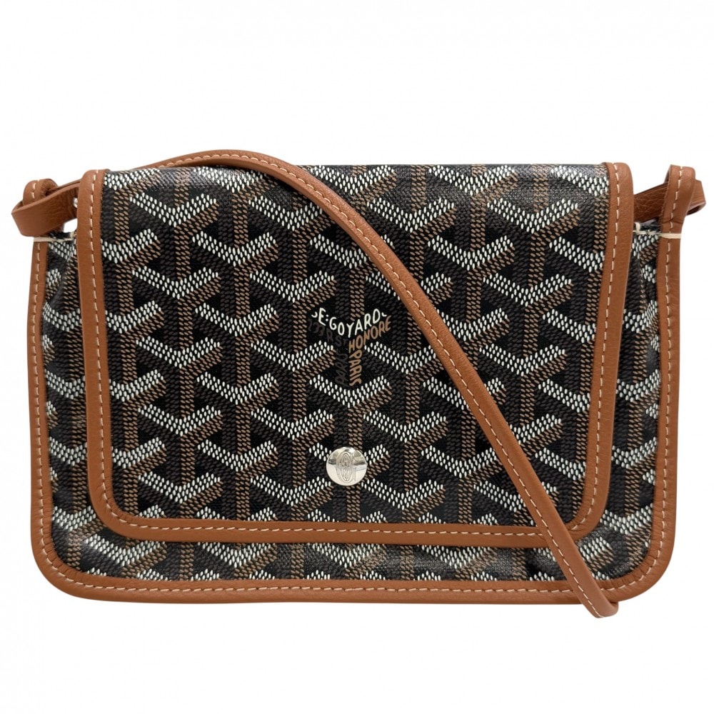 GOYARD ゴヤール ショルダーバッグ プリュメ ポーチウォレット 肩掛け 斜め掛け PLUMET コーティングキャンバス  レザー   ブラック 黒 ブラウン 茶 シルバー金具 レディース 美品【中古品】